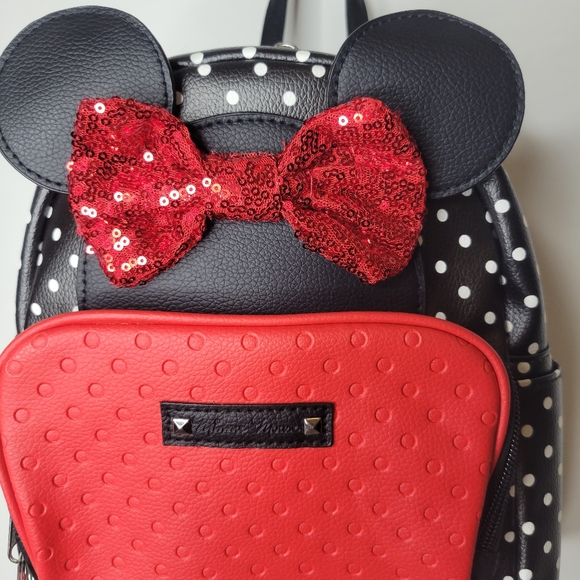 Disney Minnie Mouse Black & Red Polka Dot Bow Tie Small Backpack Purse NWT - Picture 2 of 12